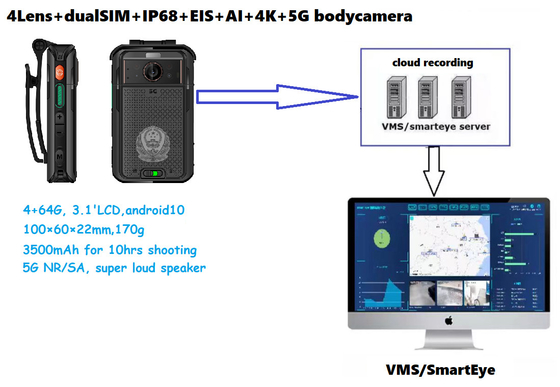 안드로이드 10 시스템 및 1.5W 스포트라이트 / 플라드라이트 LED와 함께 5G 신체 착용 카메라